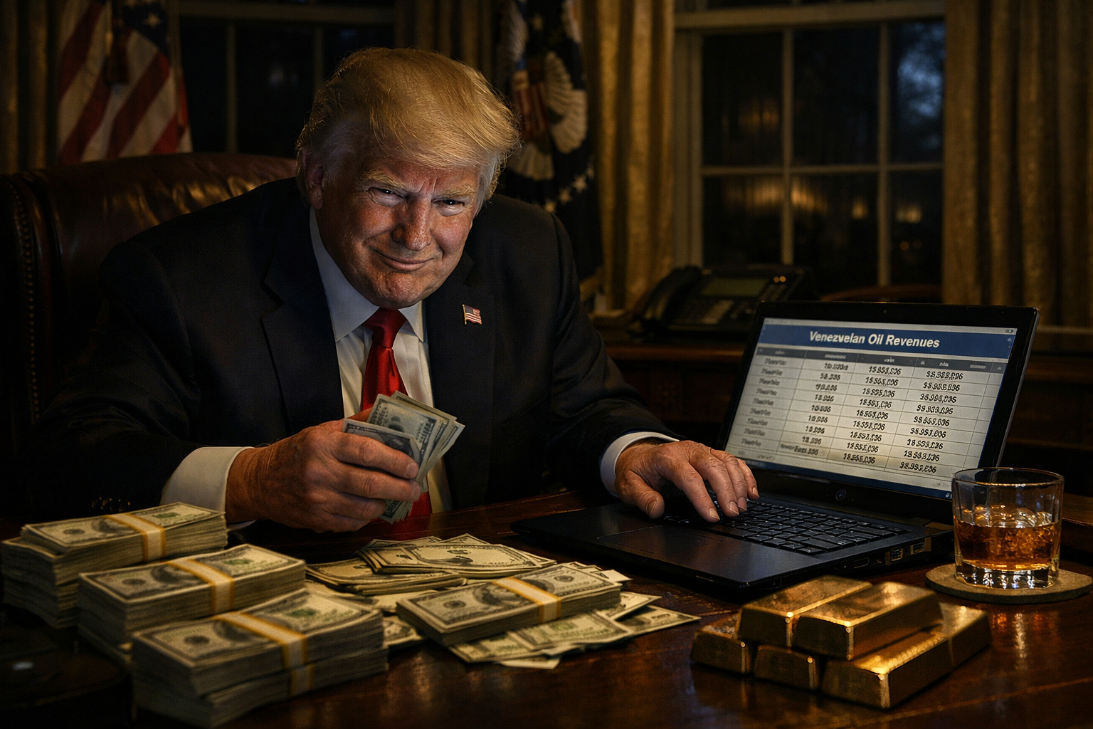 Donald Trump sits at the Resolute Desk in a dark, moody Oval Office, smirking as he holds cash beside a laptop showing a “Venezuelan Oil Revenues” spreadsheet, with stacks of money, gold bars, and a whiskey glass on the desk.